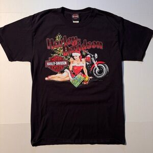 Vtg Harley Davidson Indiana Motorcycle Pin Up Girl Christmas Santa Y2K T-shirt M